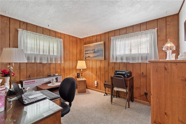 office with a textured ceiling, carpet flooring, and wood walls