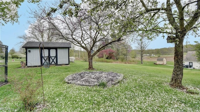 view of yard with an outdoor structure and a storage shed