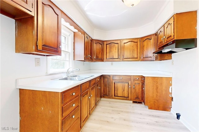 kitchen with a sink, brown cabinets, light wood-style flooring, and under cabinet range hood