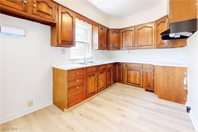 kitchen with brown cabinets, light wood-type flooring, under cabinet range hood, and a sink