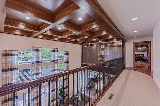 3601 Chapelton Ct, Richfield, OH 44286 - hall featuring recessed lighting, beamed ceiling, baseboards, and coffered ceiling