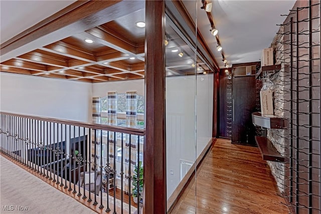 3601 Chapelton Ct, Richfield, OH 44286 - hall featuring wood finished floors, beamed ceiling, recessed lighting, and coffered ceiling
