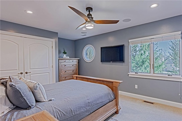 3601 Chapelton Ct, Richfield, OH 44286 - bedroom with carpet flooring, baseboards, a closet, ceiling fan, and recessed lighting