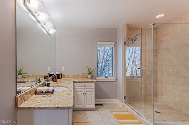 3601 Chapelton Ct, Richfield, OH 44286 - full bathroom with tile patterned flooring, a stall shower, vanity, and baseboards
