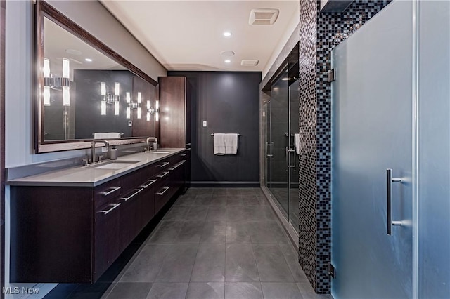 3601 Chapelton Ct, Richfield, OH 44286 - bathroom with a stall shower, tile patterned floors, double vanity, and recessed lighting
