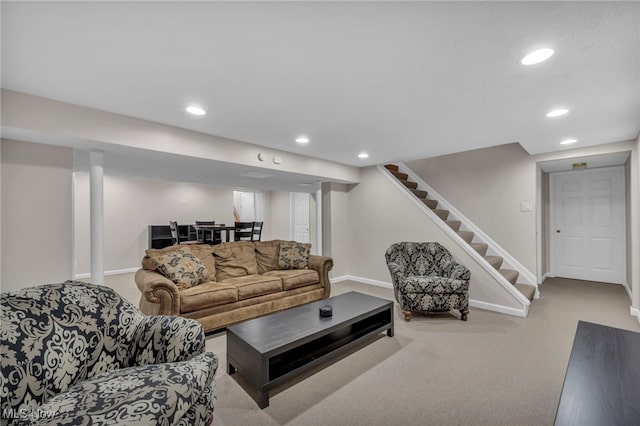 carpeted living room featuring stairs, recessed lighting, and baseboards