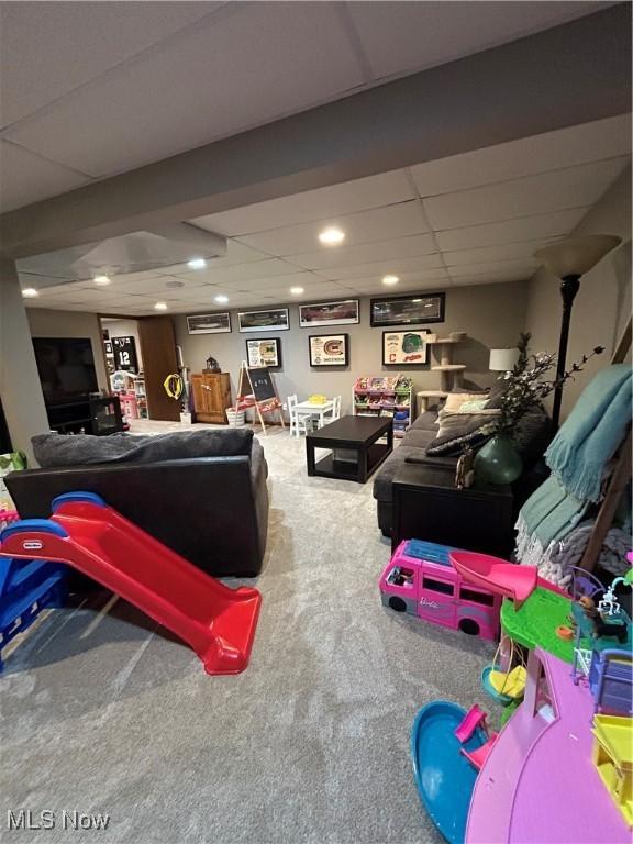 game room with recessed lighting, carpet floors, and a drop ceiling