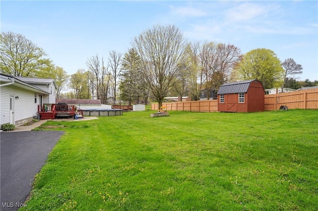 view of yard with a deck, a fenced backyard, a storage unit, a fire pit, and an outbuilding