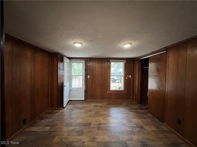 entrance foyer featuring wooden walls and wood finished floors