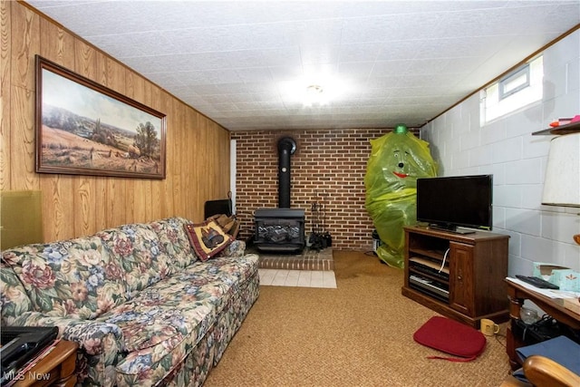 living area with carpet, wooden walls, and a wood stove