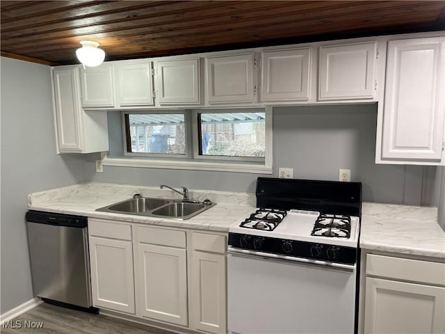 kitchen with white cabinetry, a sink, wooden ceiling, gas range gas stove, and dishwasher