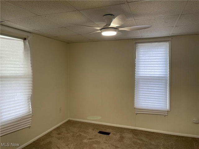 carpeted spare room with a wealth of natural light, a drop ceiling, ceiling fan, and visible vents