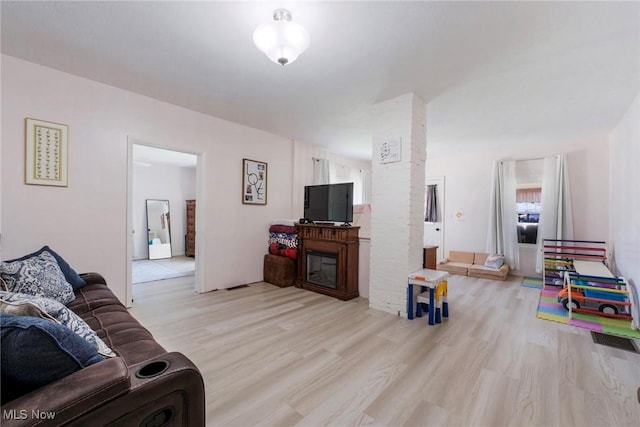 living room featuring light wood finished floors and a glass covered fireplace