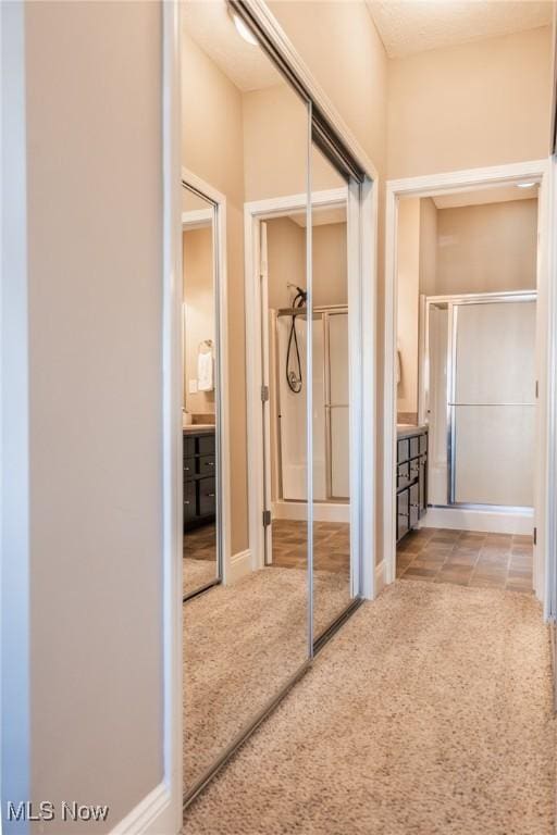 interior space featuring light colored carpet