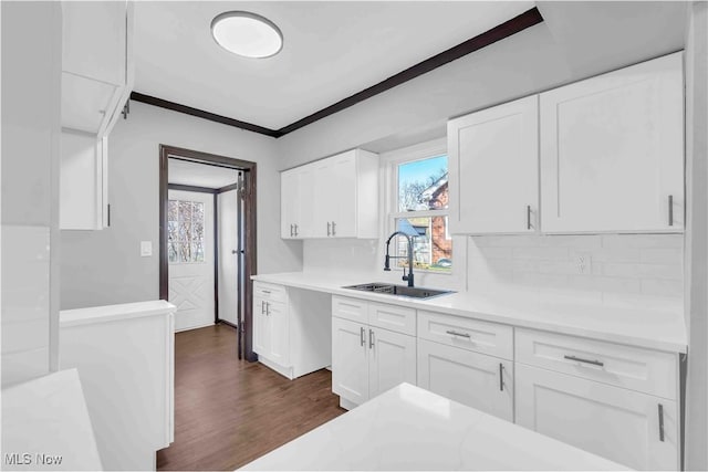 135 W Bagley Rd, Berea, OH 44017 - kitchen featuring white cabinets, a sink, light countertops, dark wood finished floors, and backsplash