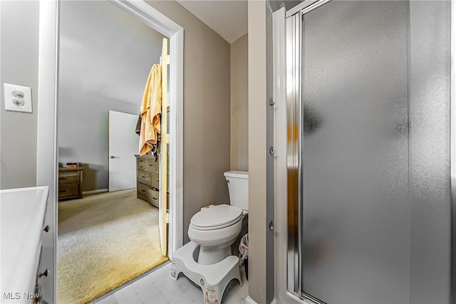 bathroom with a stall shower and toilet