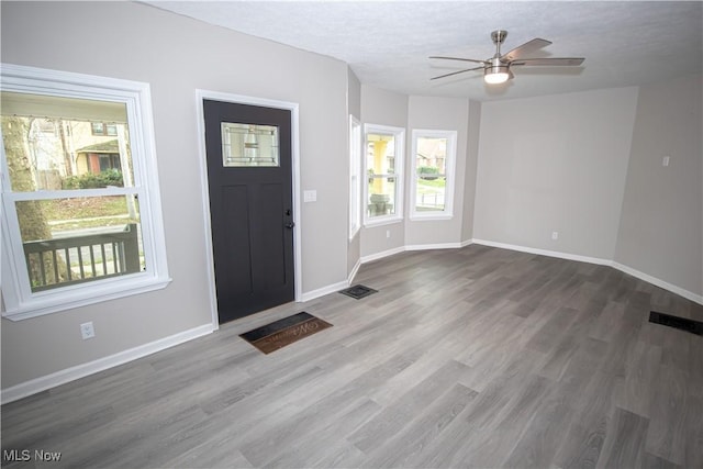 entryway with dark wood finished floors, baseboards, a ceiling fan, and plenty of natural light