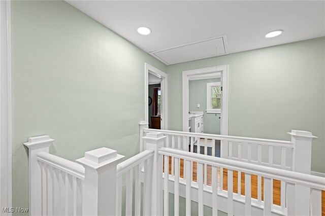 142 Gillett St, Painesville, OH 44077 - hallway with attic access, recessed lighting, and an upstairs landing