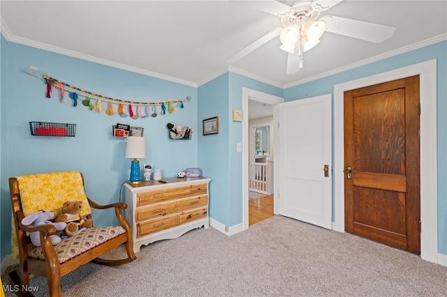 142 Gillett St, Painesville, OH 44077 - sitting room featuring baseboards, a ceiling fan, light carpet, and crown molding