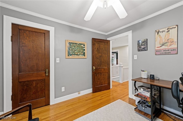 142 Gillett St, Painesville, OH 44077 - home office featuring crown molding, ceiling fan, light wood-style flooring, and baseboards