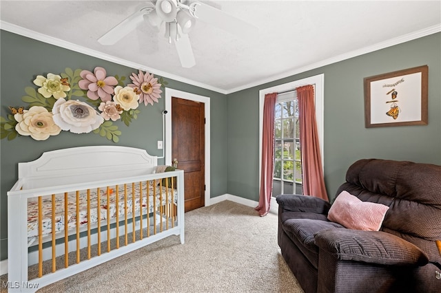 142 Gillett St, Painesville, OH 44077 - carpeted bedroom with baseboards, ornamental molding, and ceiling fan