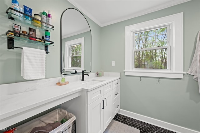 142 Gillett St, Painesville, OH 44077 - bathroom with vanity, crown molding, tile patterned flooring, and baseboards