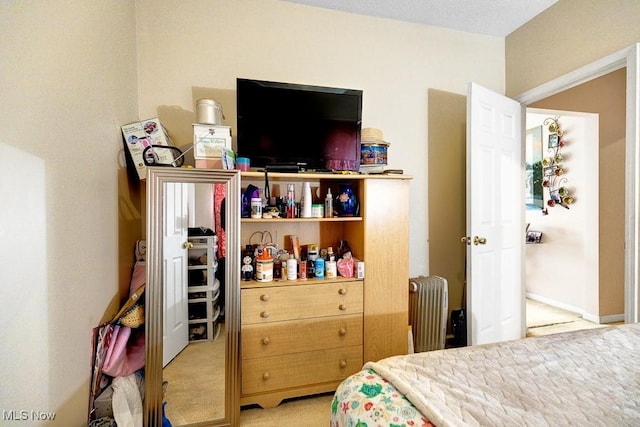 carpeted bedroom featuring radiator