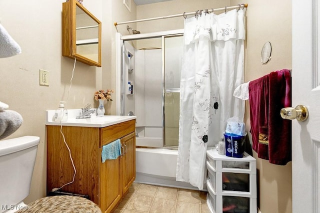 full bath featuring enclosed tub / shower combo, toilet, tile patterned flooring, and vanity