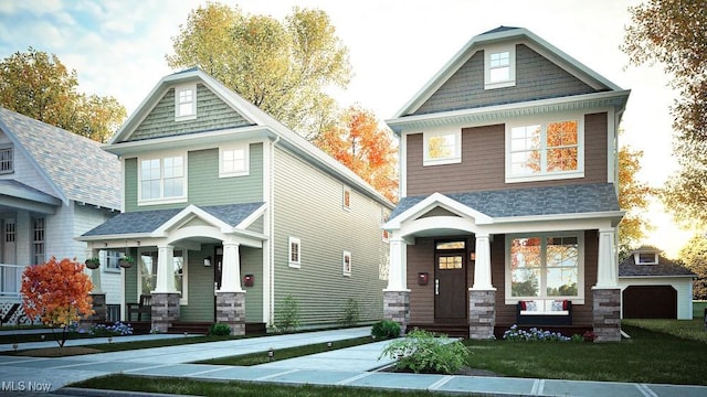 view of front of house featuring a front lawn, stone siding, a shingled roof, and covered porch
