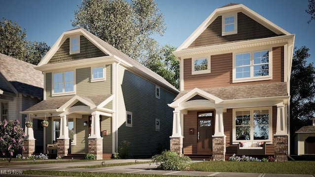 craftsman house featuring roof with shingles, a porch, and stone siding