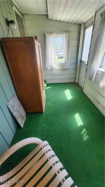 interior space featuring carpet flooring and wood walls