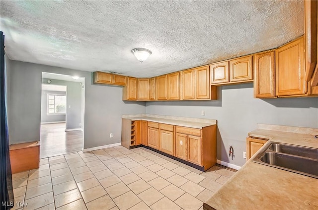 2258 Jacobs Rd, Youngstown, OH 44505 - kitchen with a sink, light countertops, a textured ceiling, baseboards, and light tile patterned floors