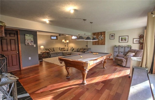 game room featuring wood finished floors, a ceiling fan, and pool table