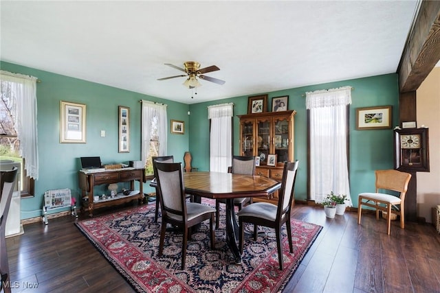 dining area featuring dark wood-type flooring and ceiling fan