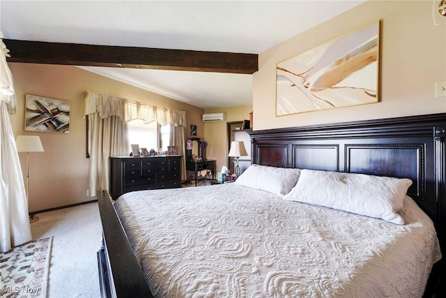 carpeted bedroom with beamed ceiling and a wall unit AC