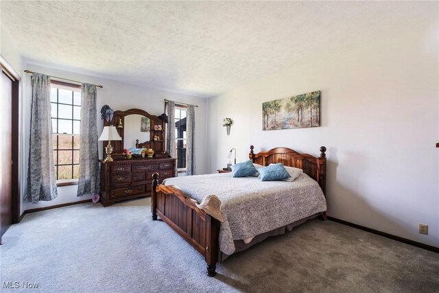 bedroom featuring carpet floors, a textured ceiling, and baseboards