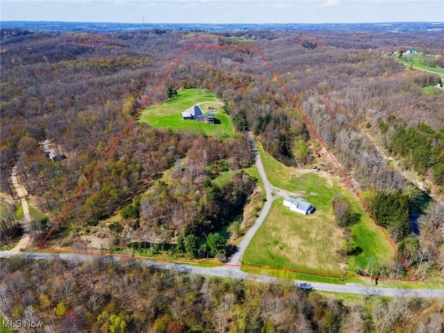 aerial view featuring a wooded view