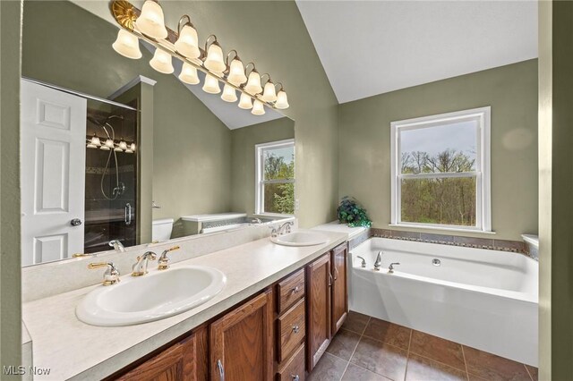 full bathroom featuring a sink, a bath, double vanity, and lofted ceiling