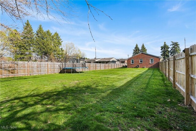 view of yard featuring a trampoline and a fenced backyard