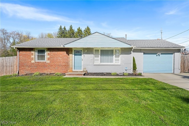 single story home featuring driveway, an attached garage, fence, brick siding, and a front lawn