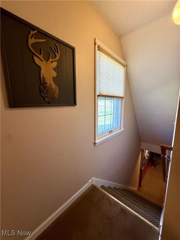 7455 Brushmore Ave NW, North Canton, OH 44720 - stairs with lofted ceiling and carpet