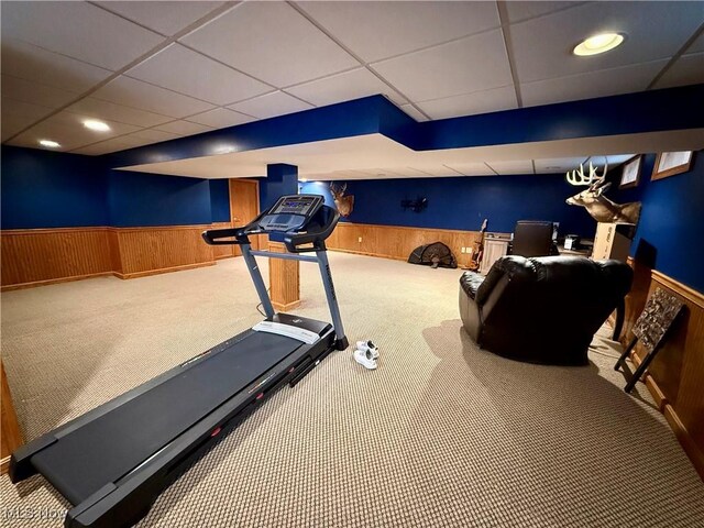 7455 Brushmore Ave NW, North Canton, OH 44720 - workout room with wainscoting, carpet flooring, a drop ceiling, and wooden walls