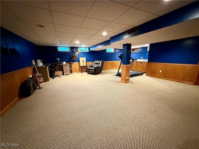 7455 Brushmore Ave NW, North Canton, OH 44720 - carpeted home theater room featuring a wainscoted wall, a drop ceiling, recessed lighting, and wood walls