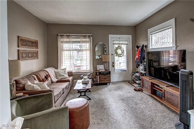 living room with a wealth of natural light and carpet floors