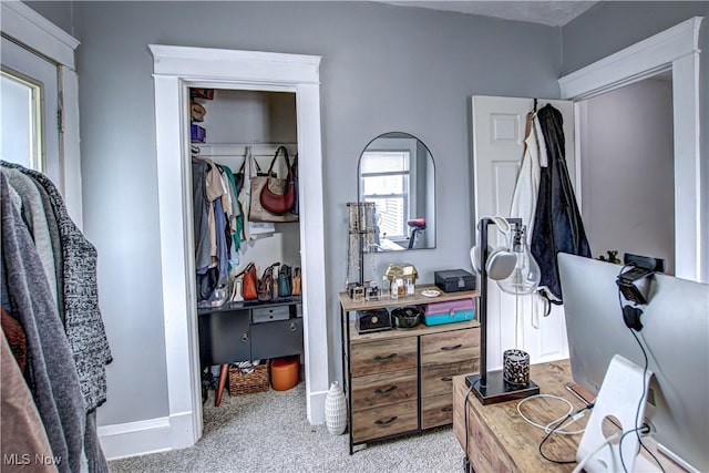 interior space with baseboards, light colored carpet, and a closet