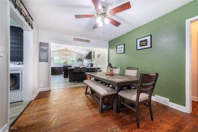 1741 Cambridge Rd, Coshocton, OH 43812 - dining area featuring washer / clothes dryer, a ceiling fan, visible vents, baseboards, and wood finished floors