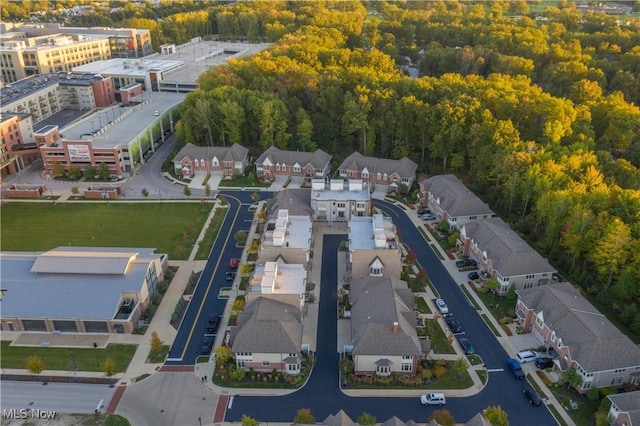 birds eye view of property with a residential view and a forest view