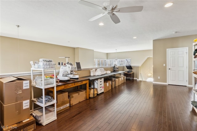office space with wood finished floors, a ceiling fan, recessed lighting, and baseboards