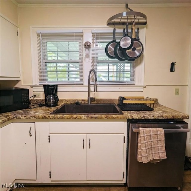 557 Cambridge Rd, Coshocton, OH 43812 - kitchen featuring white cabinetry, black microwave, stainless steel dishwasher, and a sink
