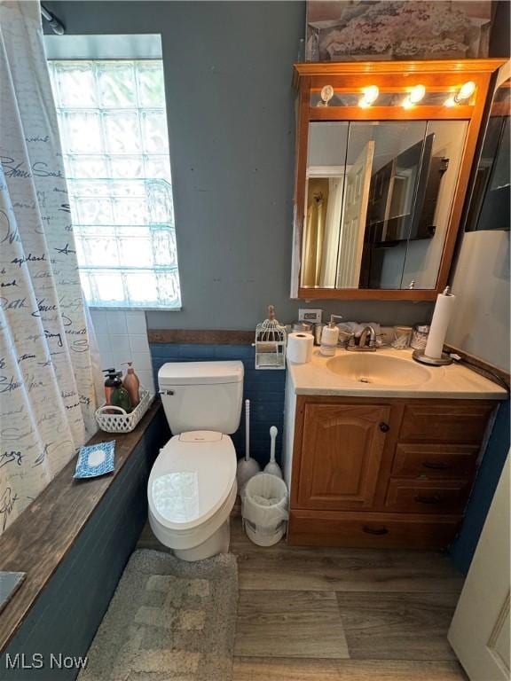 bathroom featuring wood finished floors, tile walls, a shower with shower curtain, toilet, and vanity